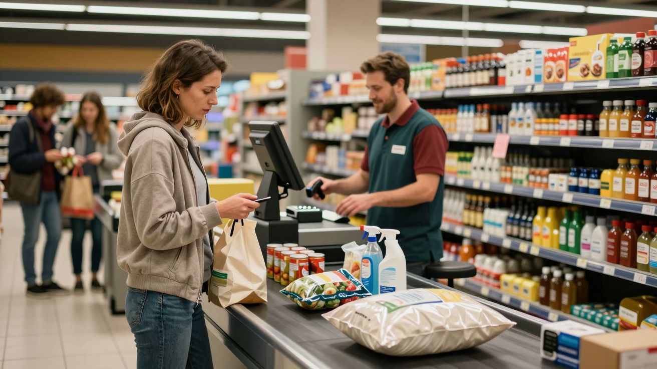 Mujer en la caja de un supermercado siendo atendida por un cajero, rodeada de productos y otros clientes al fondo.