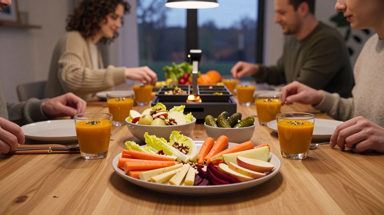 Cuatro personas compartiendo comida, con platos de verduras y zumo de naranja en una mesa de madera.