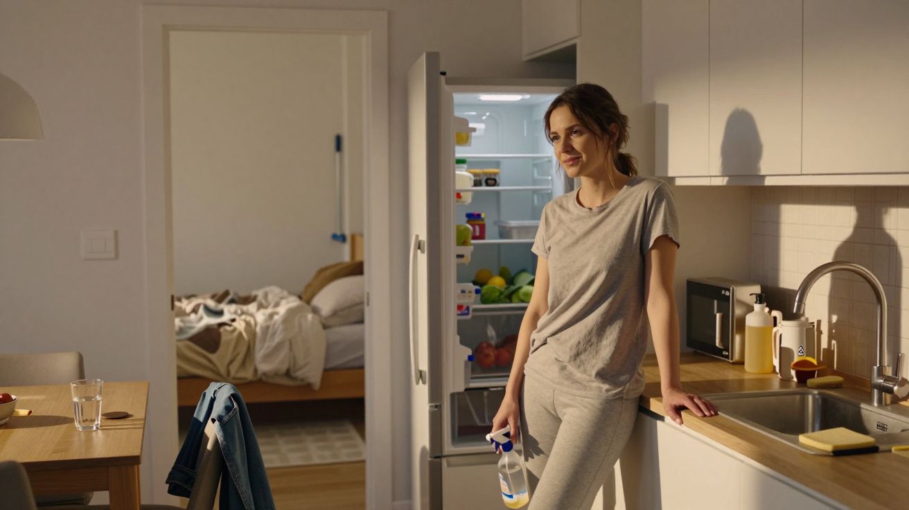 Mujer apoyada en la cocina junto a un frigorífico abierto, con una cama sin hacer visible en el fondo.