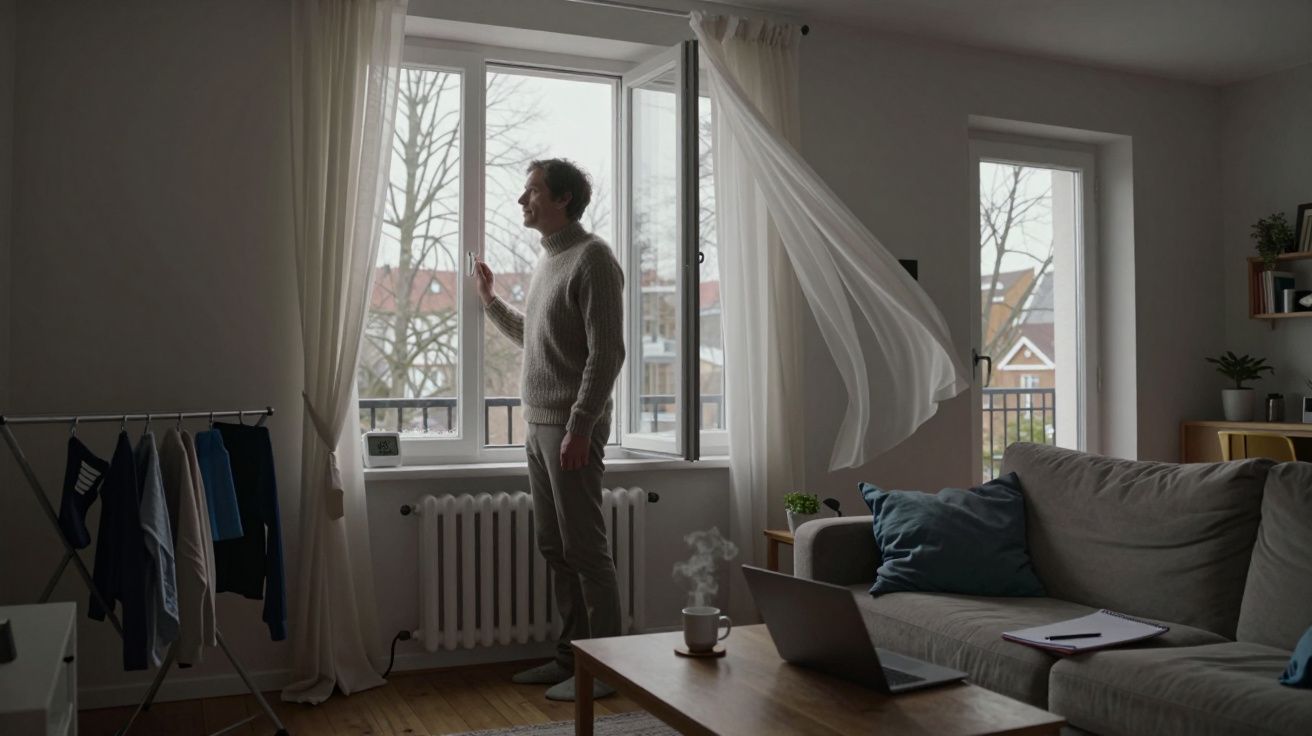 Hombre mirando por la ventana en un salón, cortina ondea al viento, portátil y taza sobre la mesa, ropa colgada.
