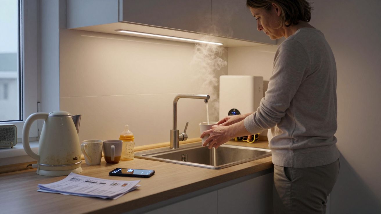 Mujer en la cocina llenando una taza con agua caliente del grifo, rodeada de una tetera y tazas en la encimera.