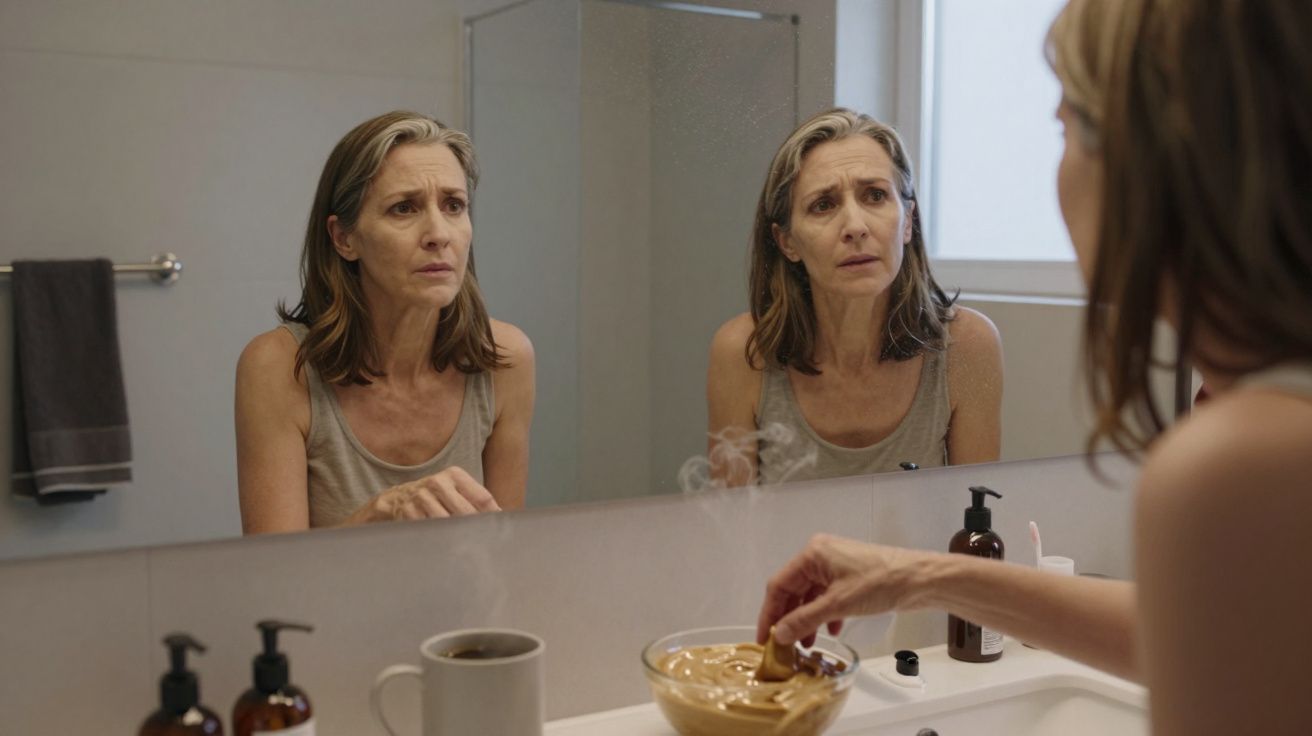 Mujer mirándose al espejo en el baño, sosteniendo un plato humeante con una mano.