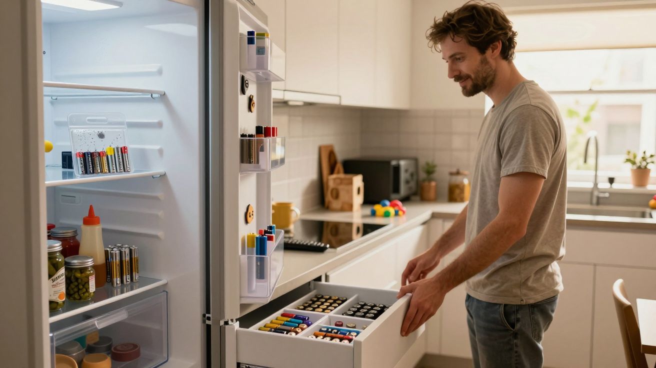 Hombre organizando baterías en cajones del frigorífico en la cocina.