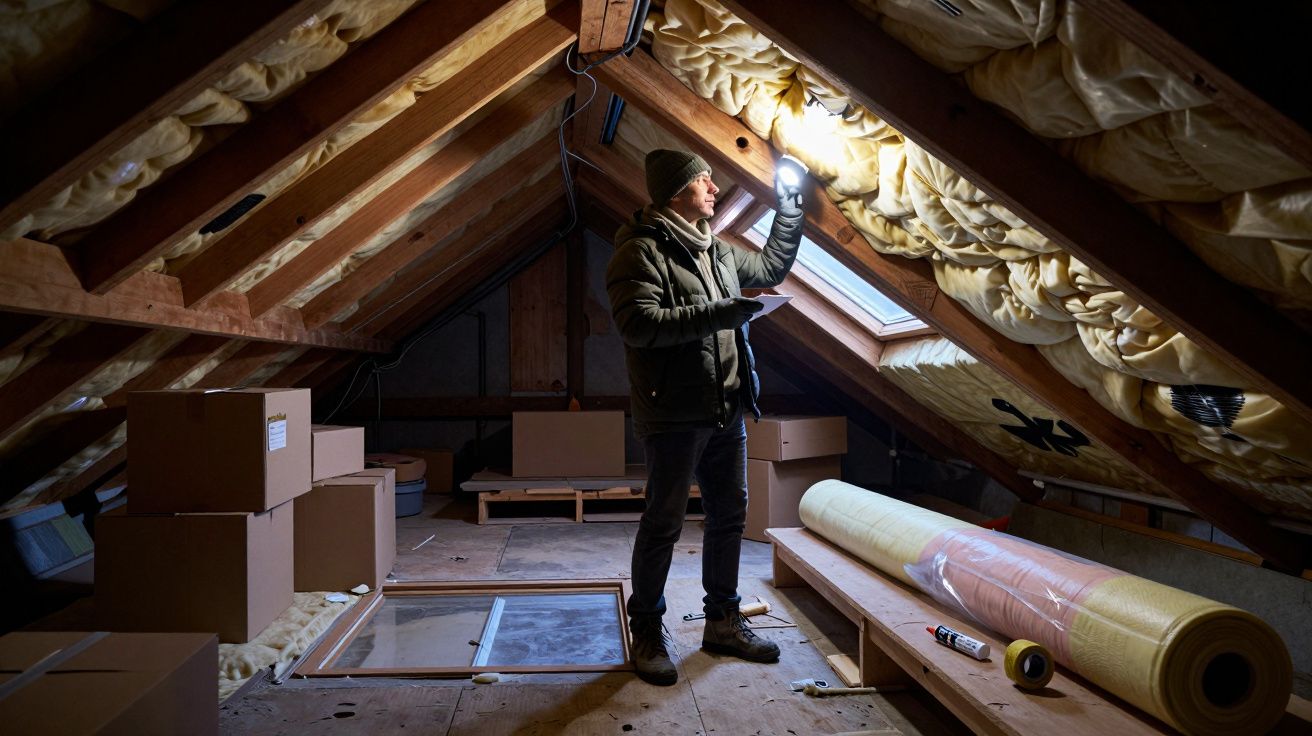 Hombre revisando el aislamiento del ático con linterna, rodeado de cajas y material de construcción.