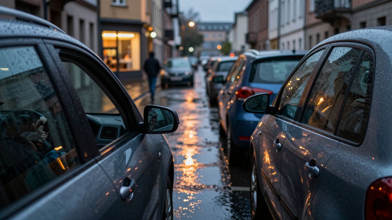 Calle urbana al anochecer con coches aparcados bajo la lluvia. Las luces se reflejan en el asfalto mojado.