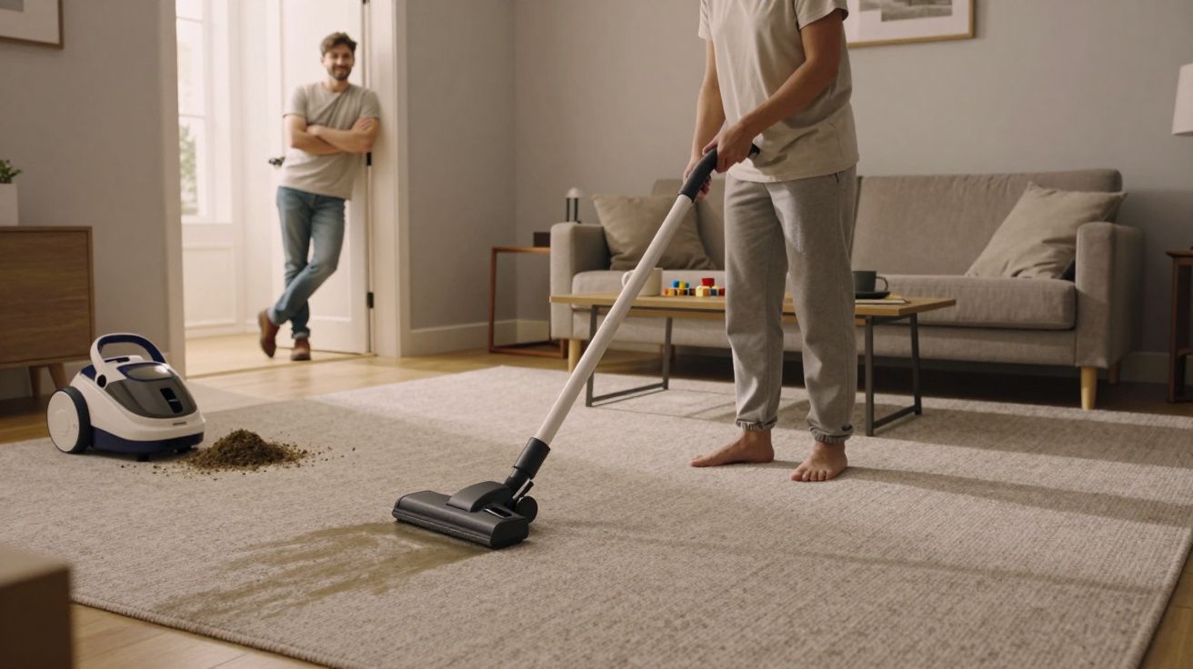 Persona aspirando alfombra en salón, mientras otra persona observa apoyada en la puerta.