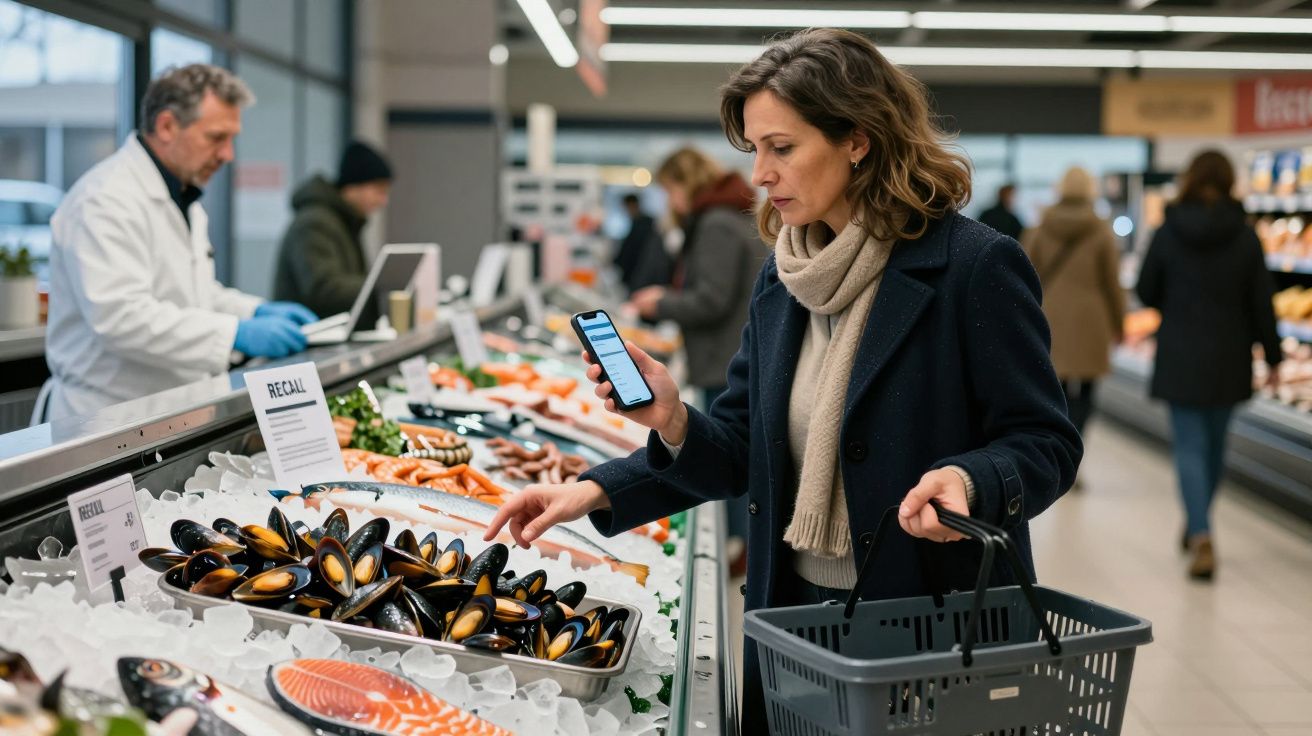 Mujer con abrigo oscuro y bufanda elige pescado en un supermercado, mientras consulta su móvil. Lleva una cesta de compras.
