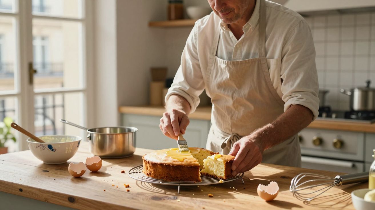 Hombre cortando bizcocho en una cocina luminosa. Utensilios y huevos en la mesa de madera.