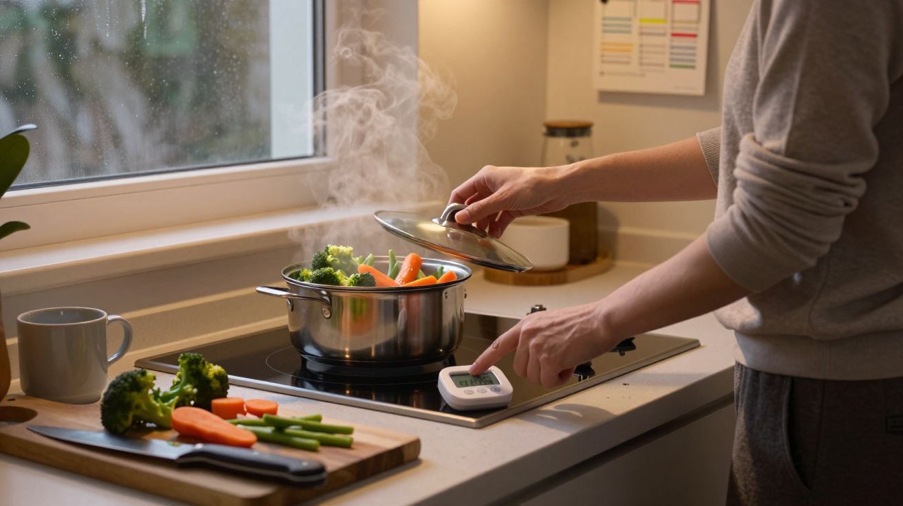 Persona cocinando verduras al vapor en una olla sobre placa de inducción, con ventana al fondo y un temporizador.