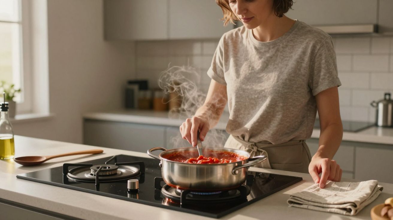 Persona cocinando en una cocina moderna, removiendo salsa roja en una olla sobre una vitrocerámica.