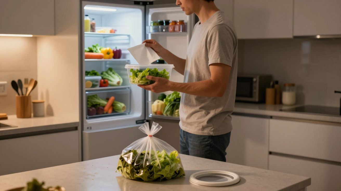 Hombre joven guardando recipiente con lechuga en la nevera de una cocina moderna, rodeado de verduras frescas.
