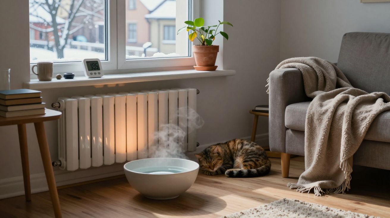 Sala de estar acogedora con un gato dormido junto a un bol humeante, radiador y planta en la ventana.