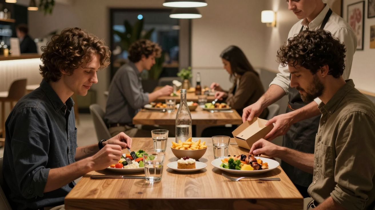 Tres personas cenan en un restaurante acogedor, mientras un camarero sirve platos en una mesa de madera.