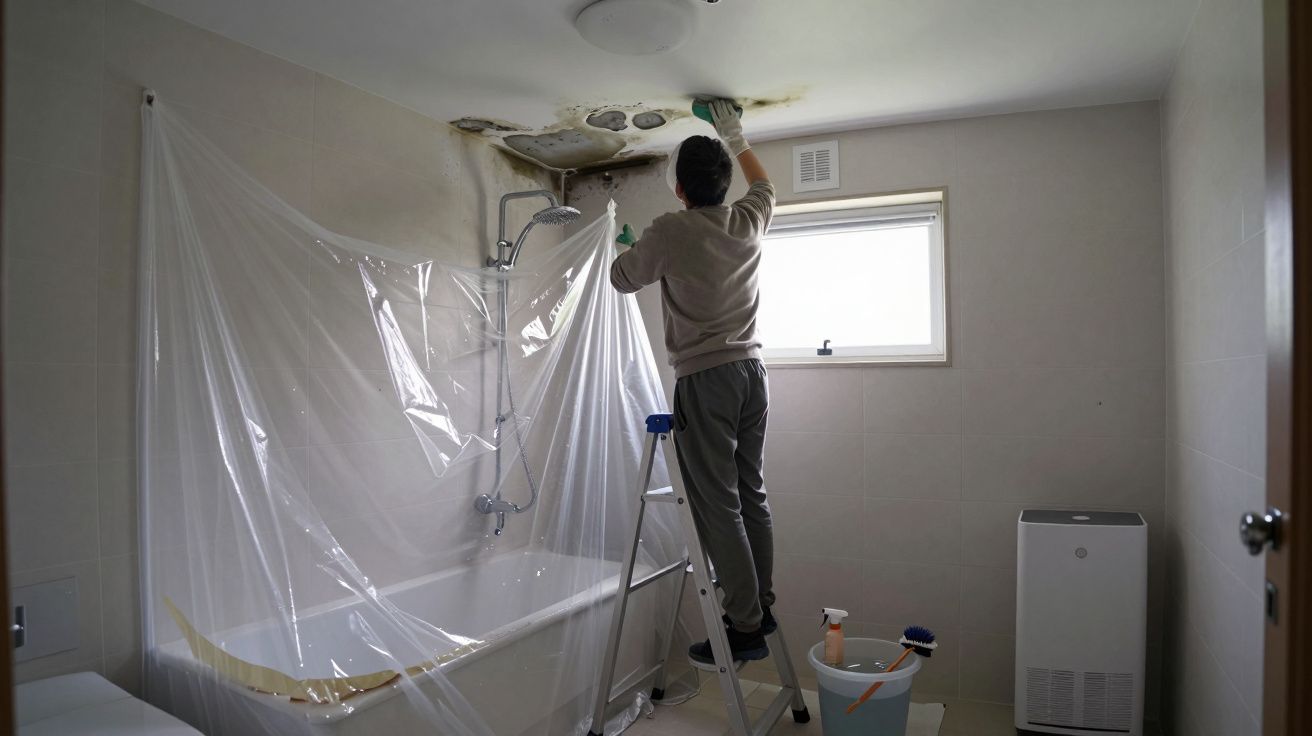 Persona en escalera reparando el techo de un baño con moho. Bañera cubierta por plástico. Ventana al fondo.