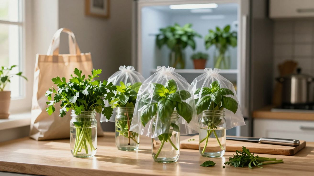 Tarros con hierbas frescas en una cocina iluminada por el sol, algunas cubiertas con bolsas de plástico para su conservación.