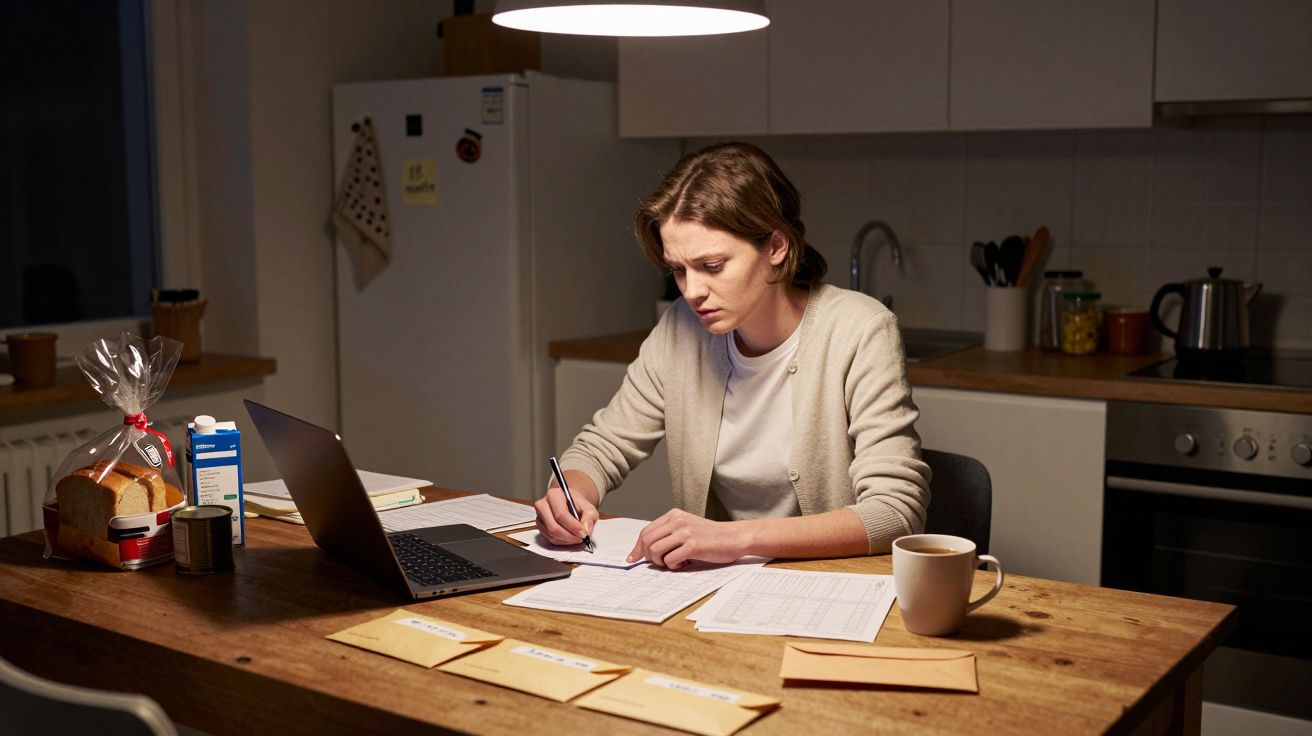 Mujer concentrada tomando notas frente a un portátil en una cocina iluminada por una lámpara colgante.