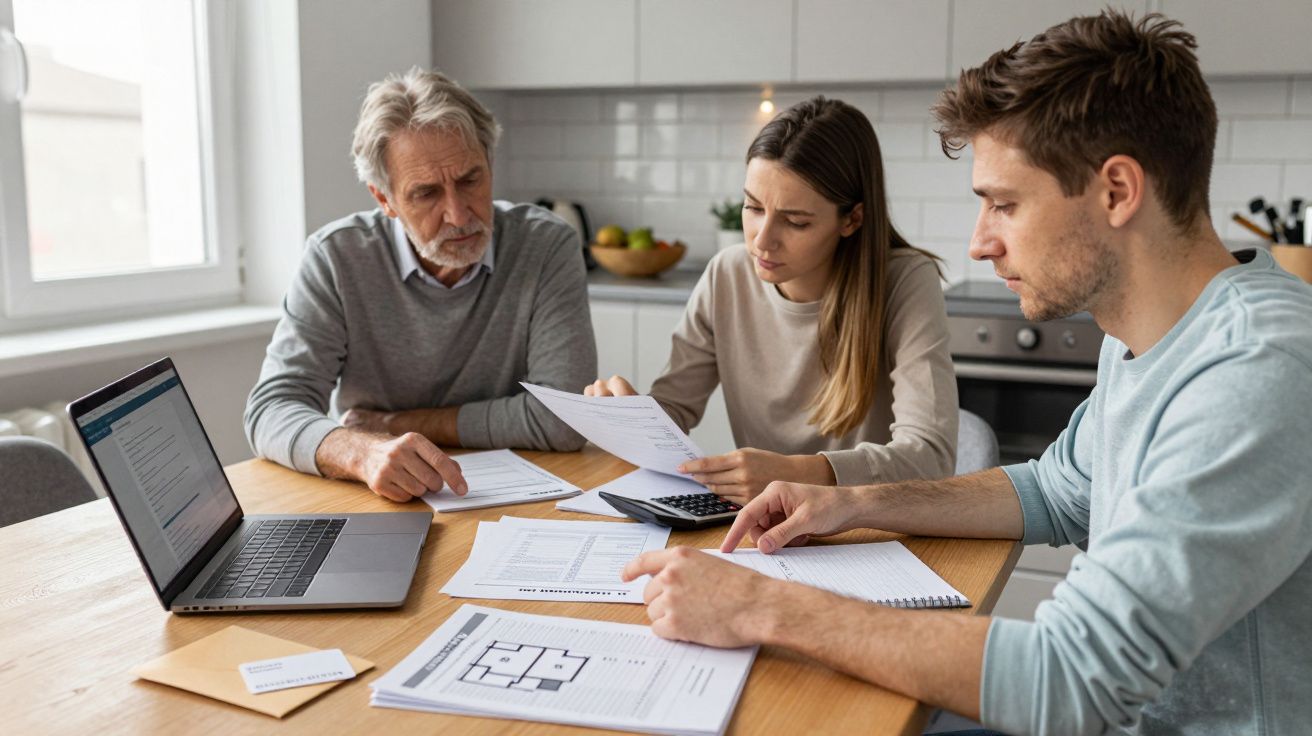 Personas en una mesa revisando documentos y usando un portátil en una cocina iluminada.