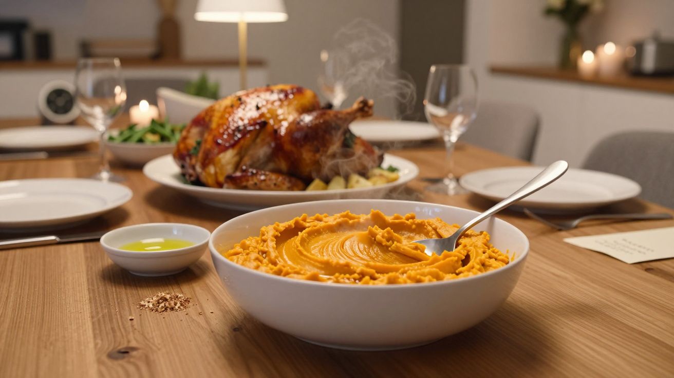 Puré de patatas y pavo asado en una mesa con copas y platos, preparado para una cena festiva.