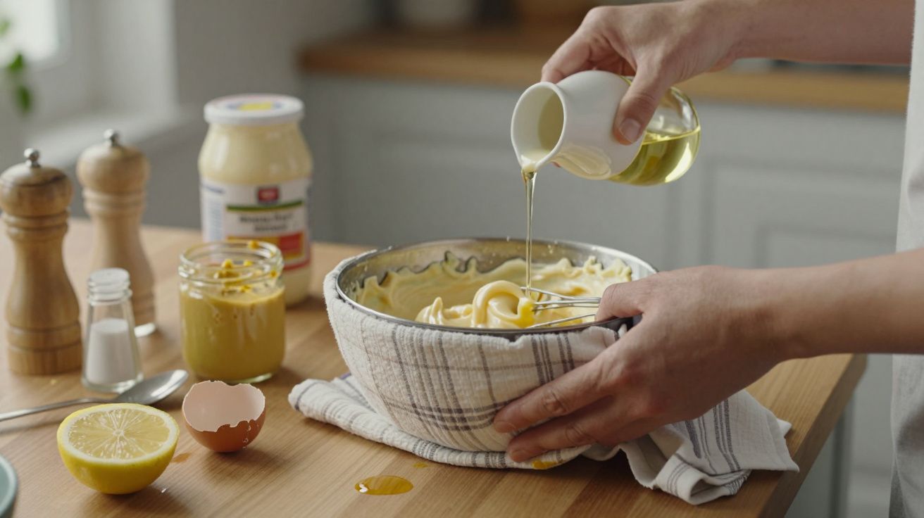Manos vertiendo aceite en un bol con mezcla de ingredientes para mayonesa en una cocina.