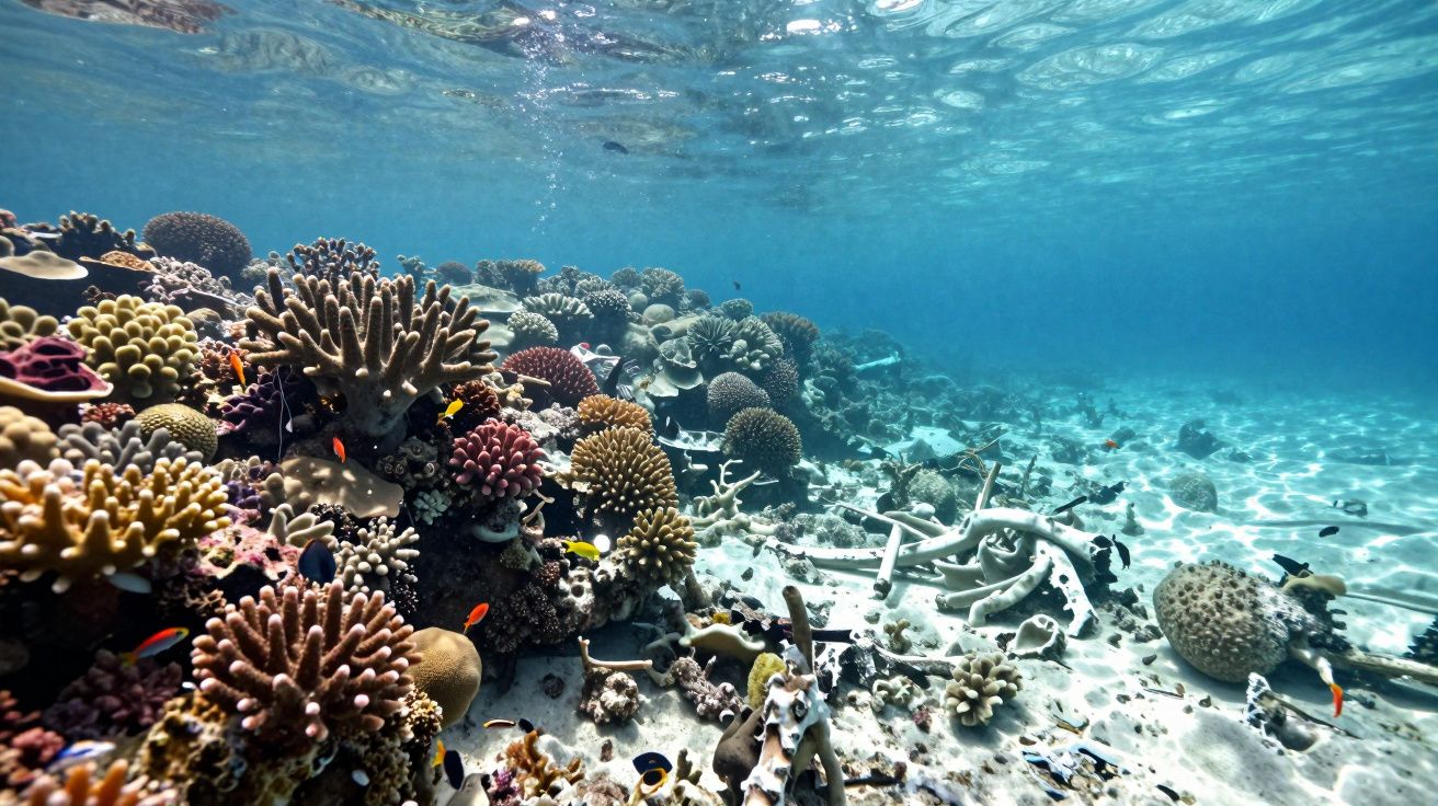 Corales de colores bajo el agua, con peces nadando alrededor en un arrecife de coral iluminado por la luz del sol.