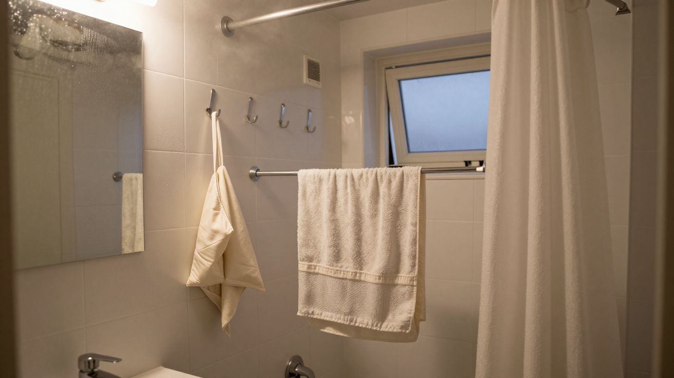Baño pequeño con pared blanca, toallas colgadas, espejo, ventana y cortina de ducha blanca.