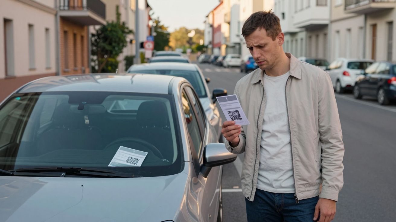 Hombre mirando una multa en la mano junto a un coche estacionado con otra multa en el parabrisas en una calle urbana.