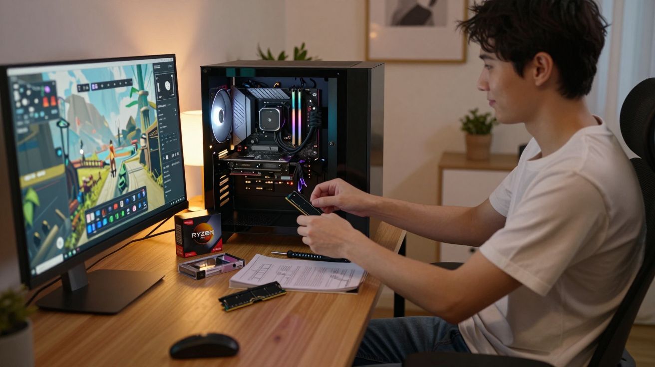 Persona ensamblando un PC en un escritorio con pantalla que muestra un videojuego y componentes de ordenador.