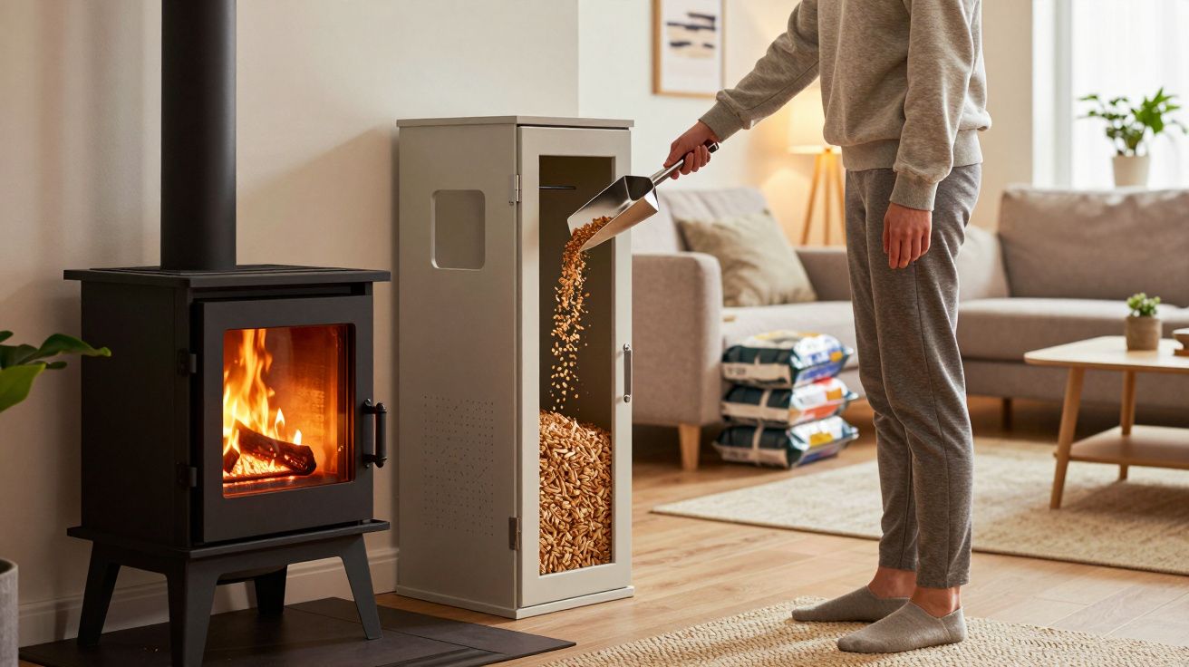 Persona llenando un depósito de pellets en una sala de estar con una estufa de leña encendida.