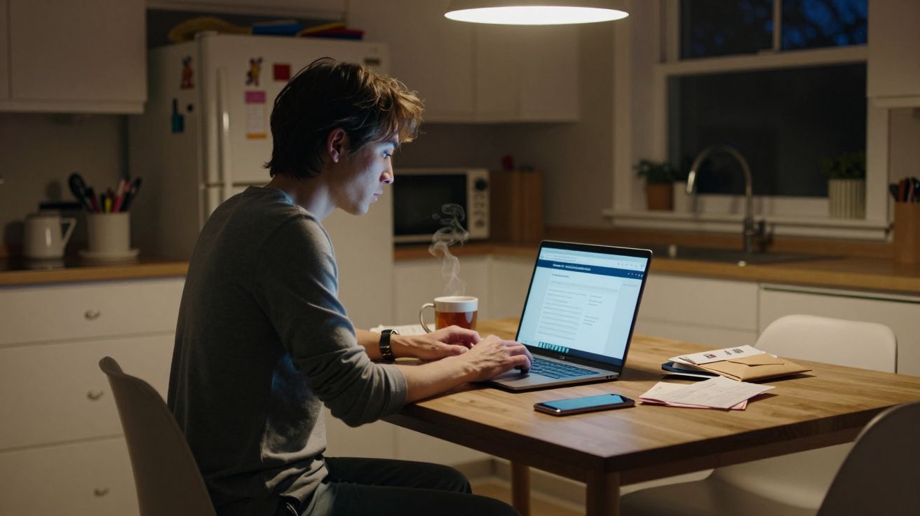 Persona trabajando en un portátil en la cocina, con una bebida caliente al lado.