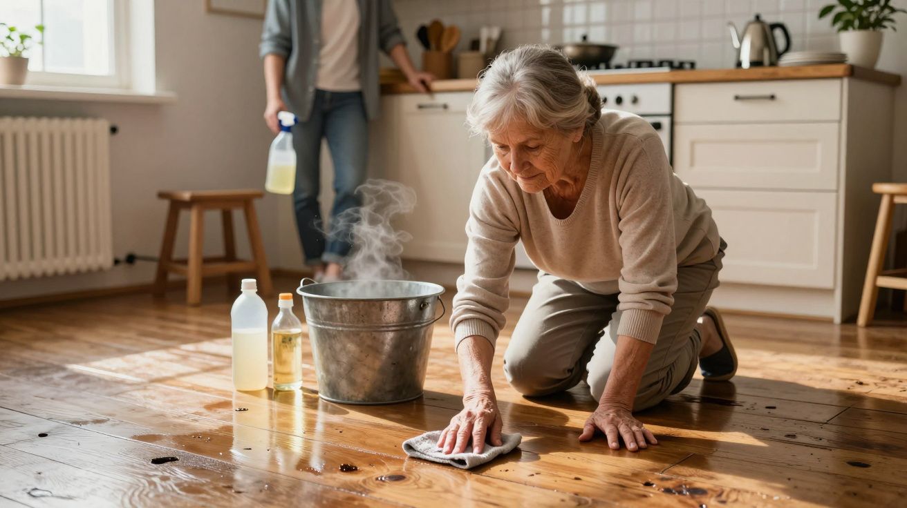 Mujer mayor limpiando el suelo de madera en la cocina con un cubo metálico y productos de limpieza cerca.