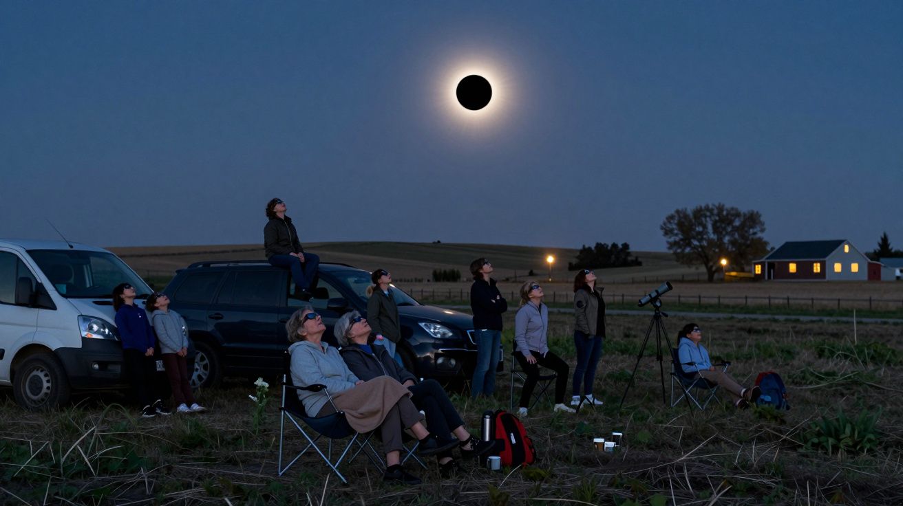 Grupo observando un eclipse solar total al aire libre con telescopios, coches y casas de campo al fondo.