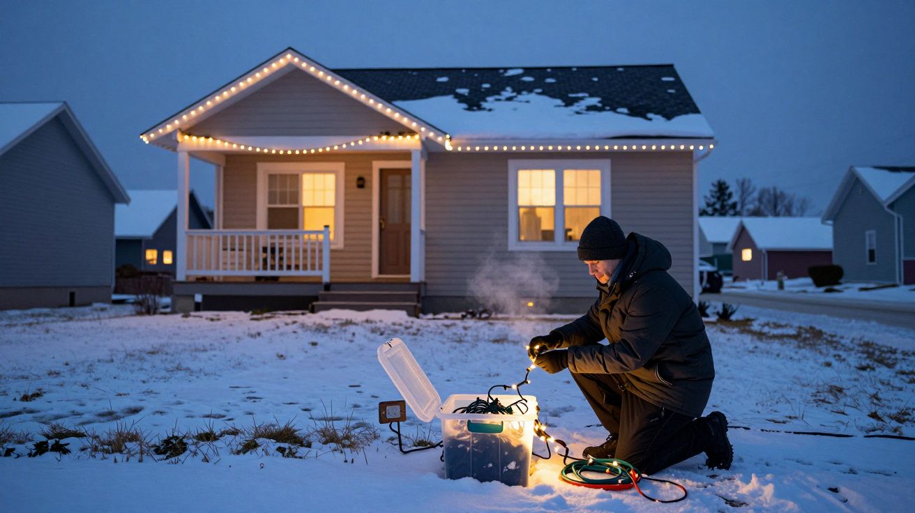 Hombre ajusta luces navideñas en caja en jardín nevado ante casa iluminada al anochecer.