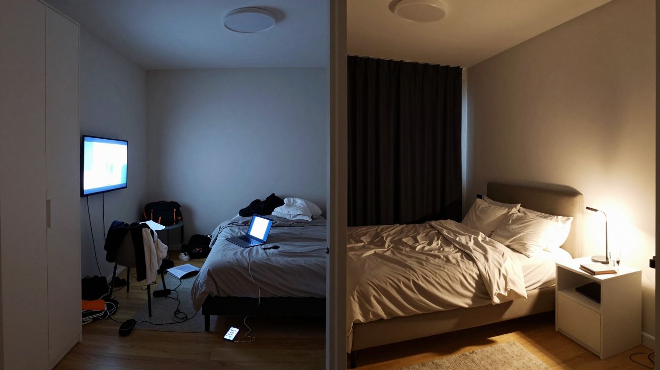 Habitación dividida en dos áreas; una con cama y portátil, otra con cama iluminada por lámpara de mesa.