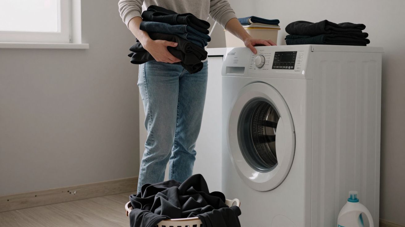 Persona colocando ropa en una lavadora blanca, con una canasta llena de ropa en el suelo y detergente al lado.