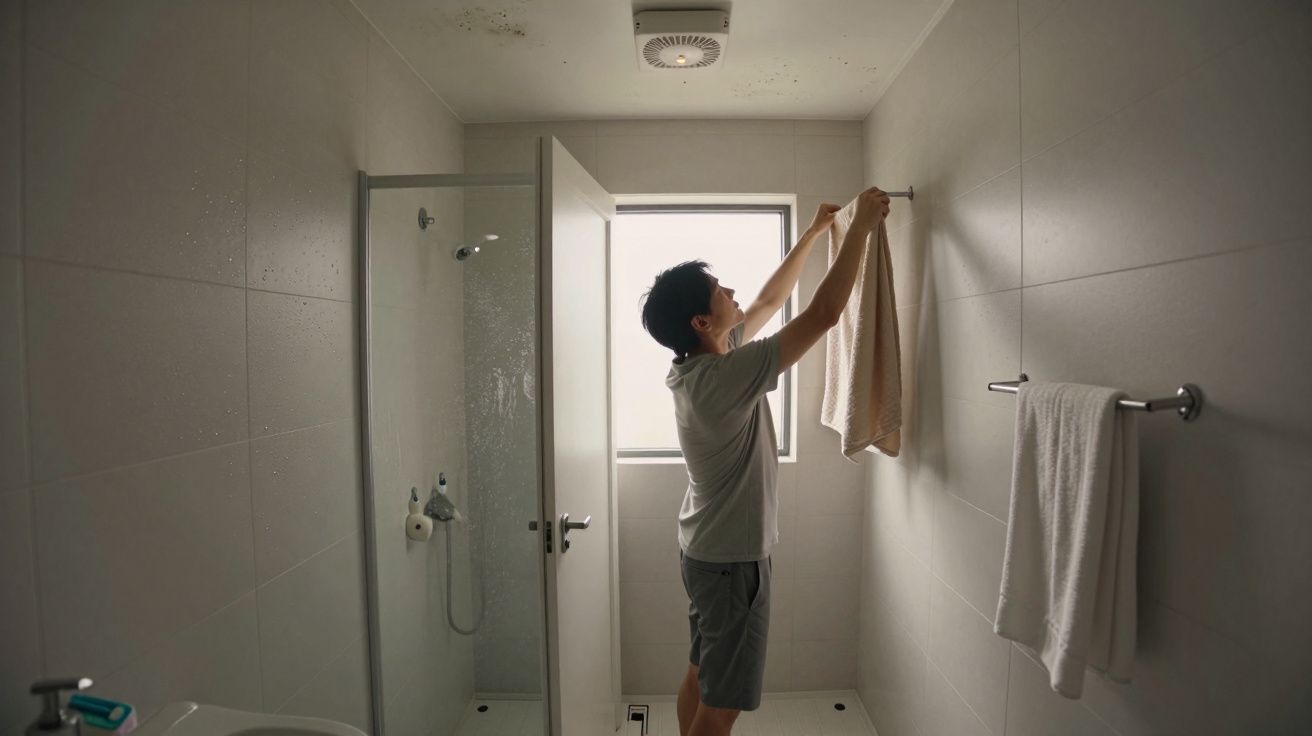 Hombre colgando una toalla en el baño con luz natural entrando por la ventana.