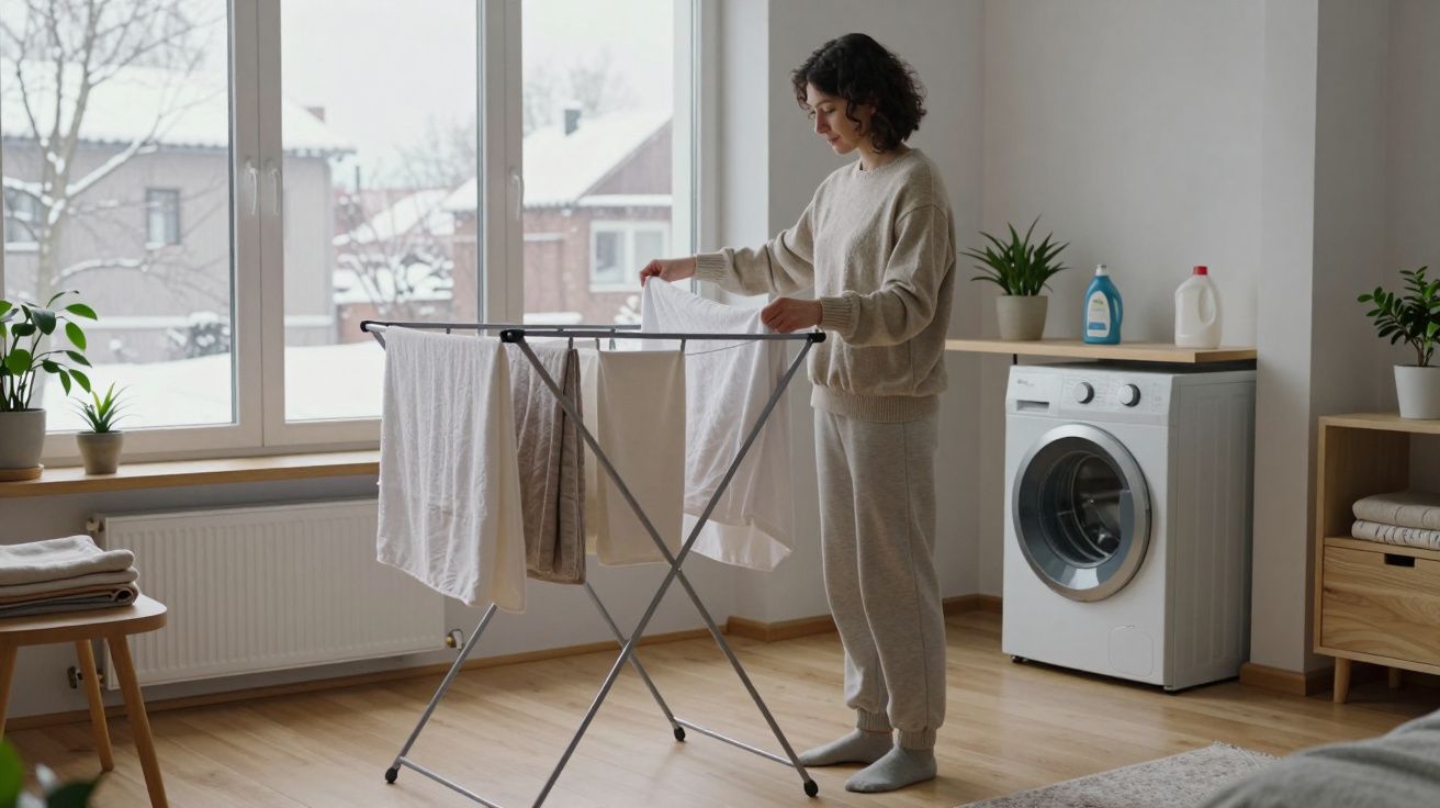 Mujer en una lavandería colgando ropa en un tendedero portátil cerca de una lavadora, planta y ventana nevada.