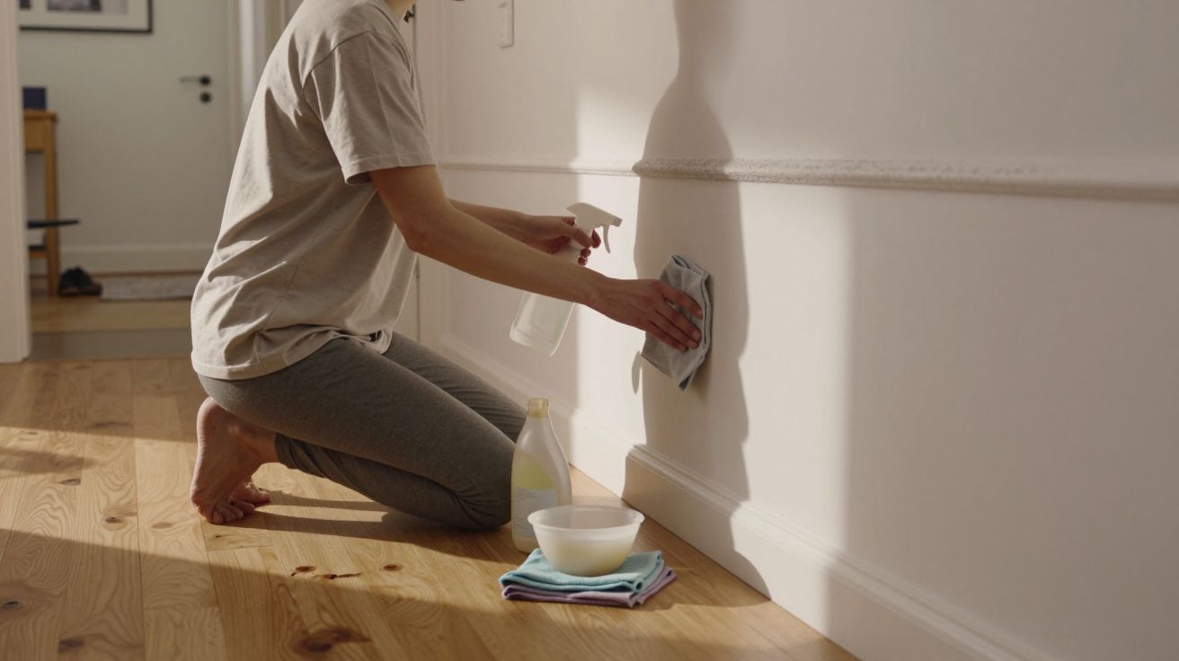 Persona limpiando una pared blanca con un paño y un spray en una habitación con suelo de madera clara.