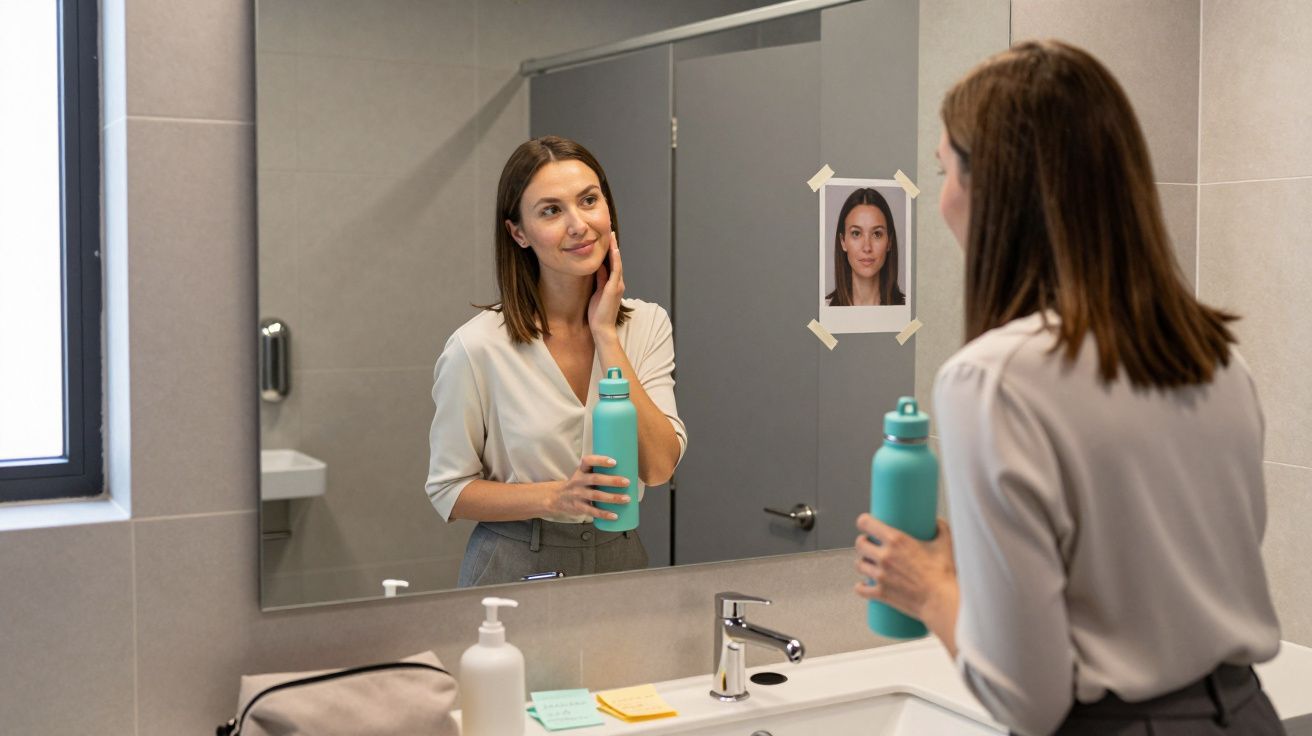 Mujer mirando al espejo en un baño, sosteniendo una botella de agua azul y tocándose la mejilla pensativa.