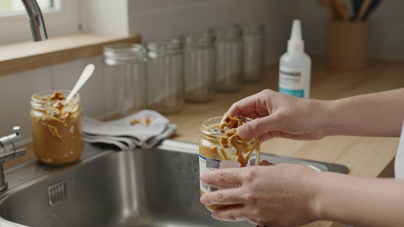 Persona limpiando un tarro de cristal con restos de crema de cacahuete en un fregadero de cocina.