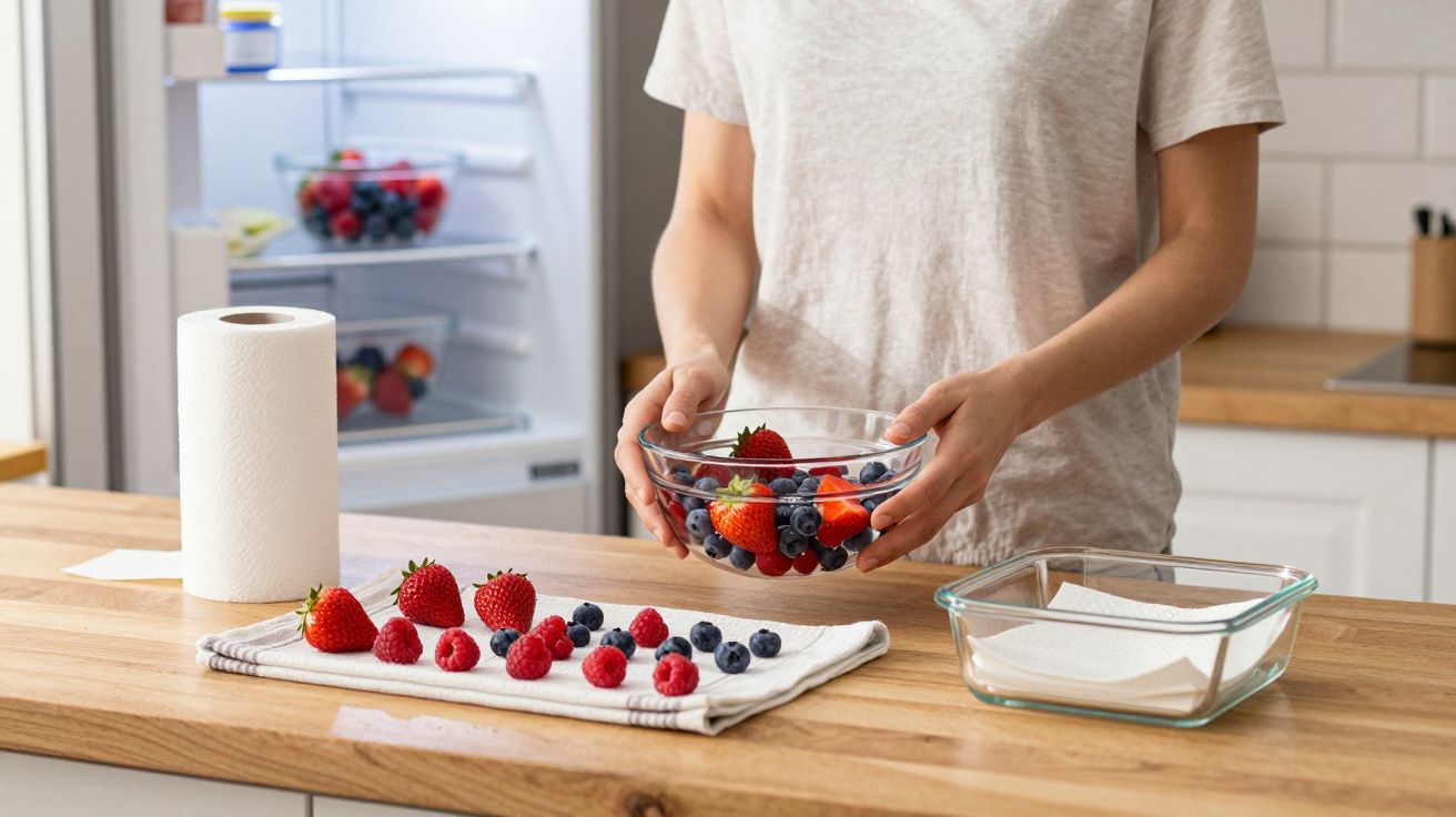 Persona sosteniendo un bol de frutas del bosque en la cocina, con más frutas y papel de cocina sobre la encimera.