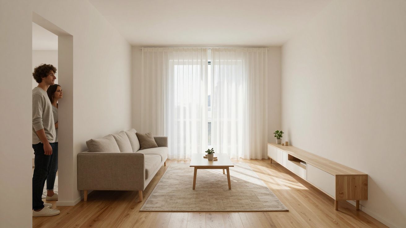 Sala minimalista con sofá gris, mesa de centro de madera y luz natural. Dos personas miran desde la entrada.