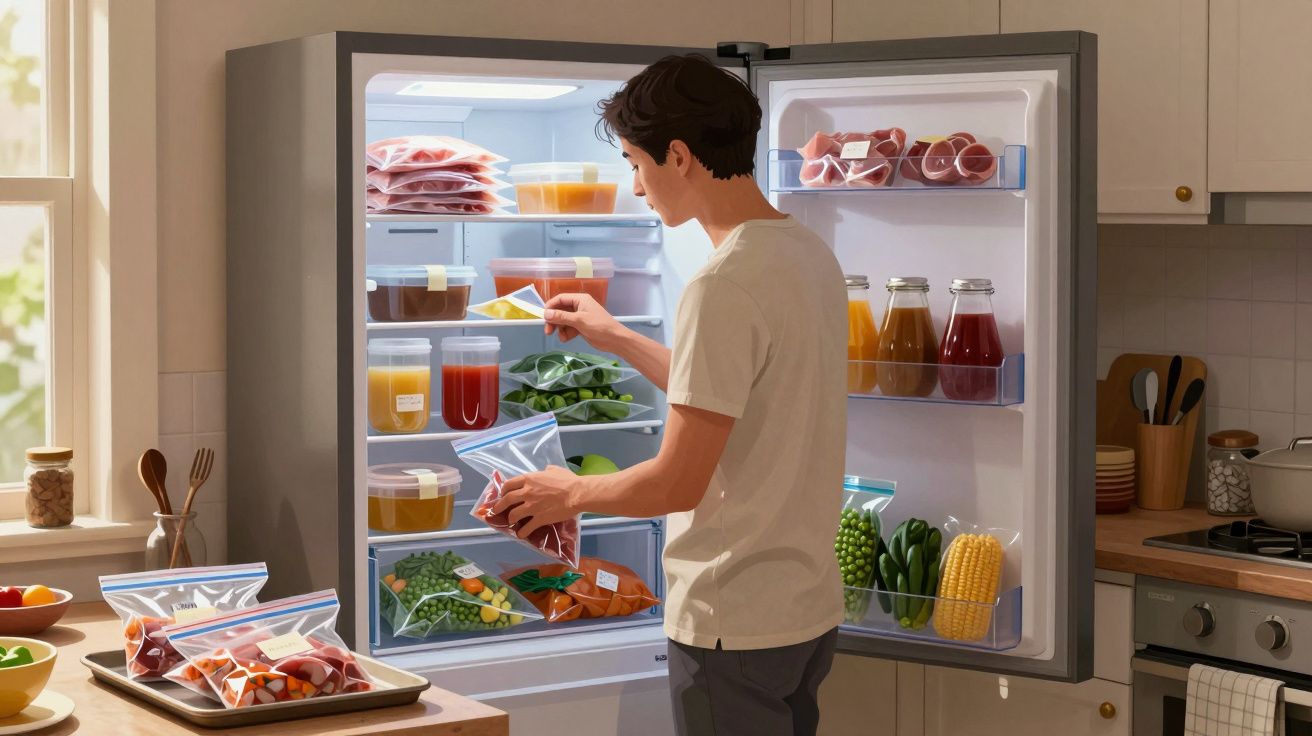 Hombre organizando la nevera llena de alimentos frescos y recipientes etiquetados en una cocina bien iluminada.