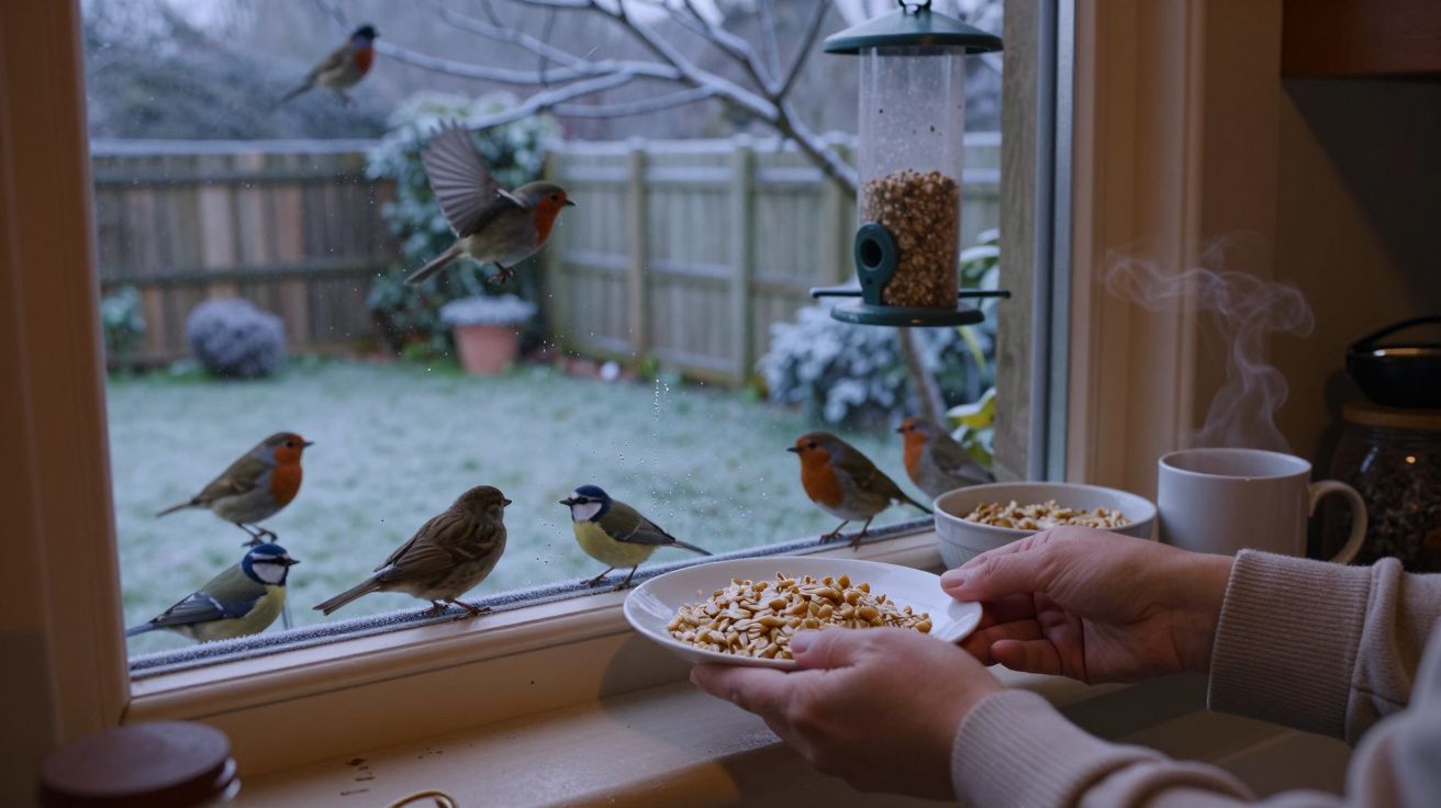 Manos alimentando a pájaros en el alféizar de una ventana en invierno, con vista a un jardín cubierto de escarcha.
