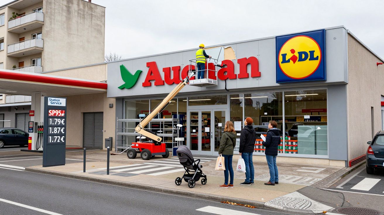 Trabajador en plataforma elevadora cambiando el cartel de una tienda; personas observan desde la acera.