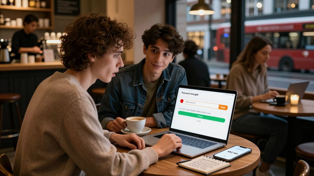 Dos personas en una cafetería viendo una computadora portátil con pantalla de verificacion de contraseña.