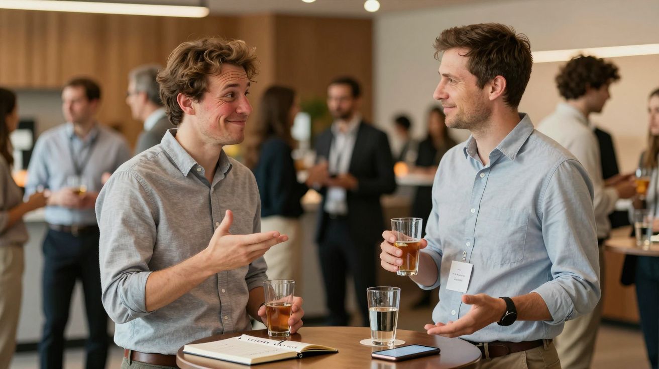 Dos hombres conversan animadamente en un evento social, sosteniendo bebidas. Otros asistentes conversan al fondo.