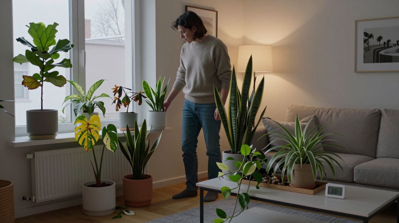 Persona cuidando plantas en un salón luminoso con sofá, mesa y lámpara, junto a una gran ventana.