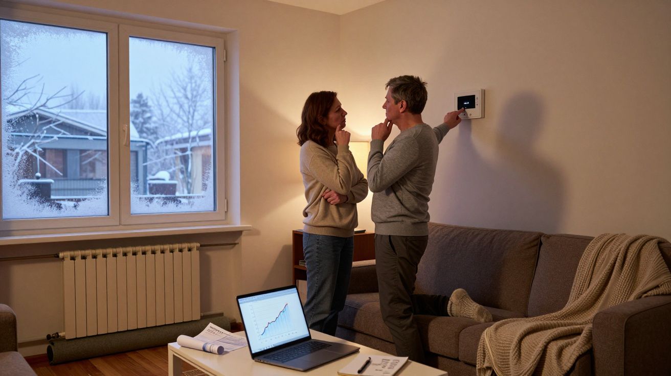 Pareja ajustando el termostato en el salón, con nieve visible por la ventana y portátil en la mesa.