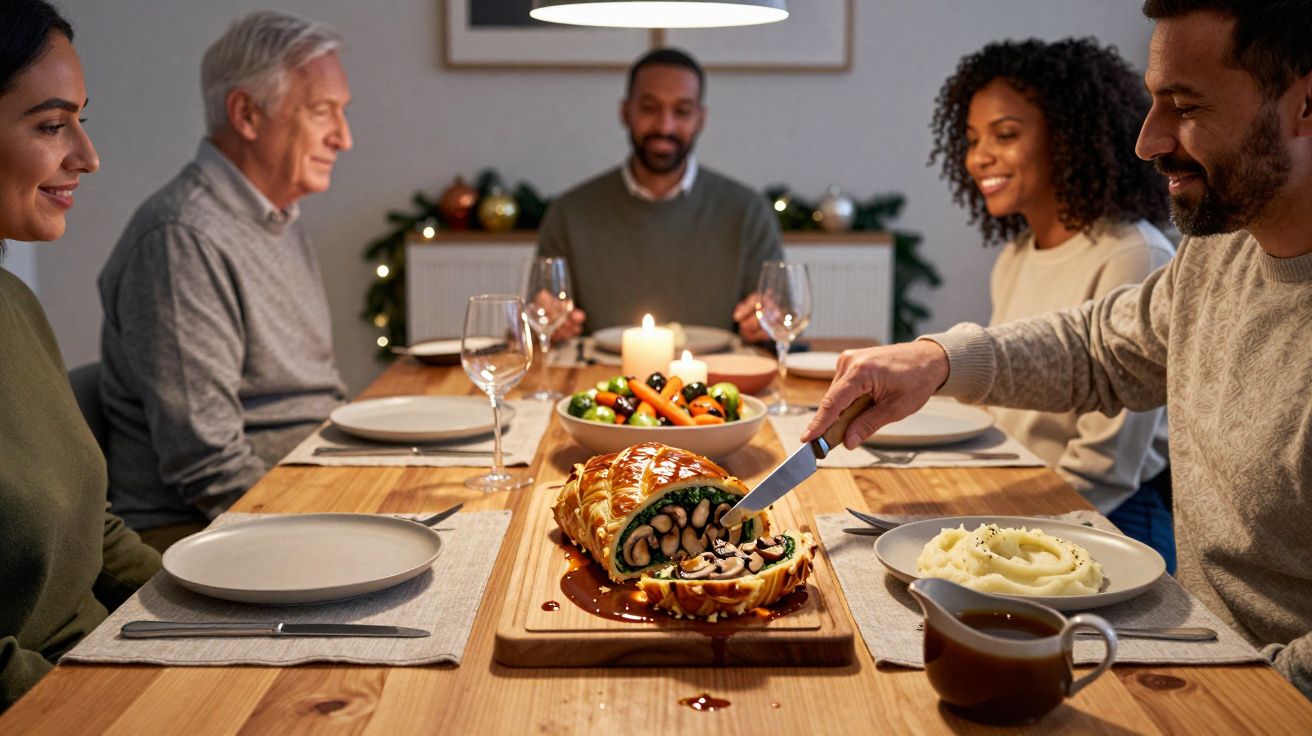 Personas cenando en una mesa festiva con un asado, puré de patatas y una vela encendida en el centro.