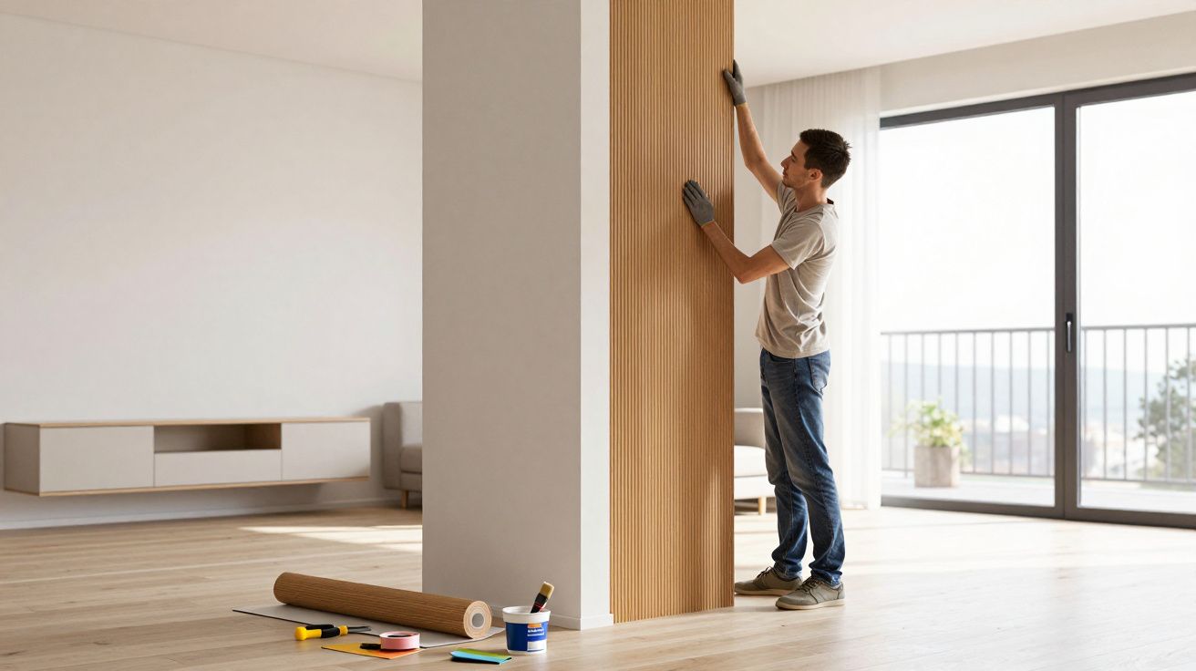 Persona colocando papel pintado en una columna de una sala moderna con herramientas en el suelo y gran ventanal al fondo.